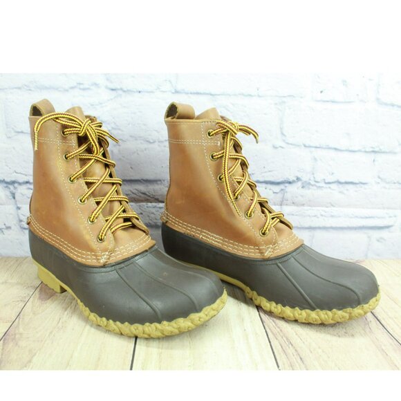 LL Bean Brown Leather 8" Lace Up Round Toe Unlined Ankle Duck Boots Size 7 Wide - Picture 3 of 10